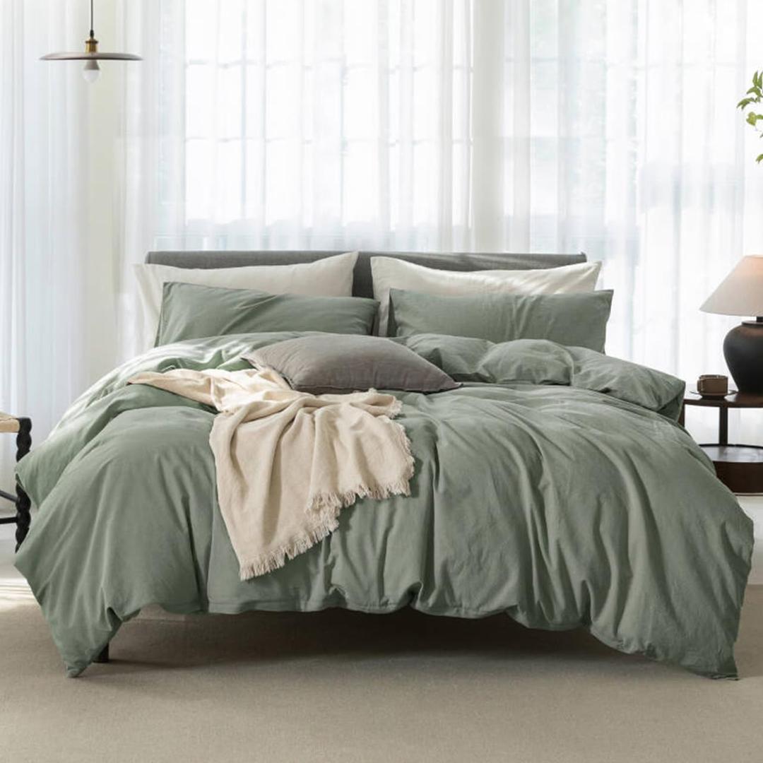 Super King Plus Cooling Duvet Cover Set - 3 Pieces 100% Cotton Bedding, Breathable, Crisp Linen-Like Texture, Naturally Soft & Gets BetterHidden Zipper & Corner Ties  Green, 120"x120" (Green (No Comforter))