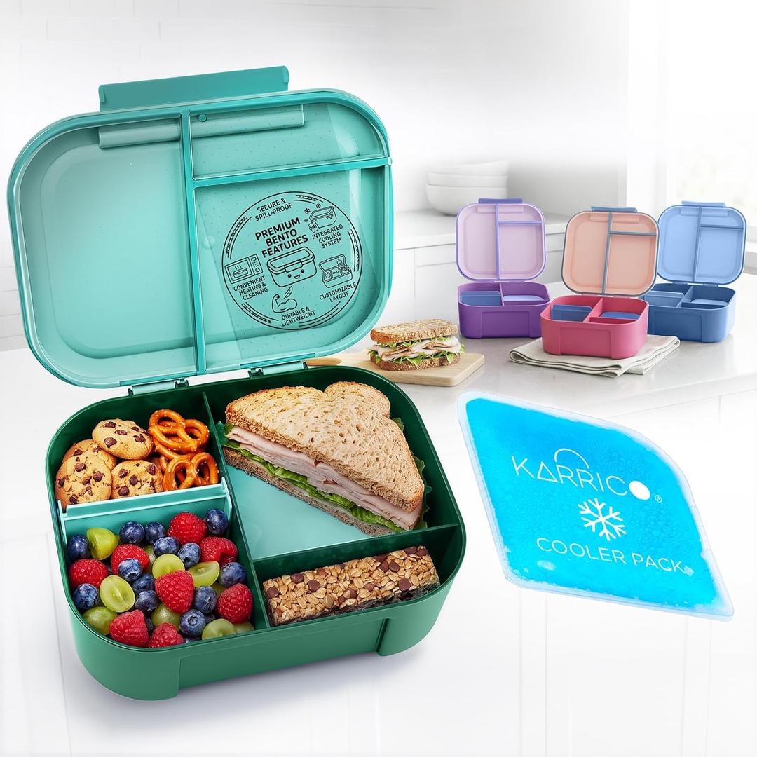 KARRICO Leakproof Lunch Box  3-Compartment Bento Box, Cooler Pack & Adjustable Divider, Extra Large & BPA-Free  Dishwasher Safe, Ideal for On-the-Go Meals, Green