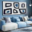 Abstract Framed Canvas Wall Art for Living Room Hand Drawn Black Blue Paintings 29"x58"Large Irregular Shape Artwork Wall Decor