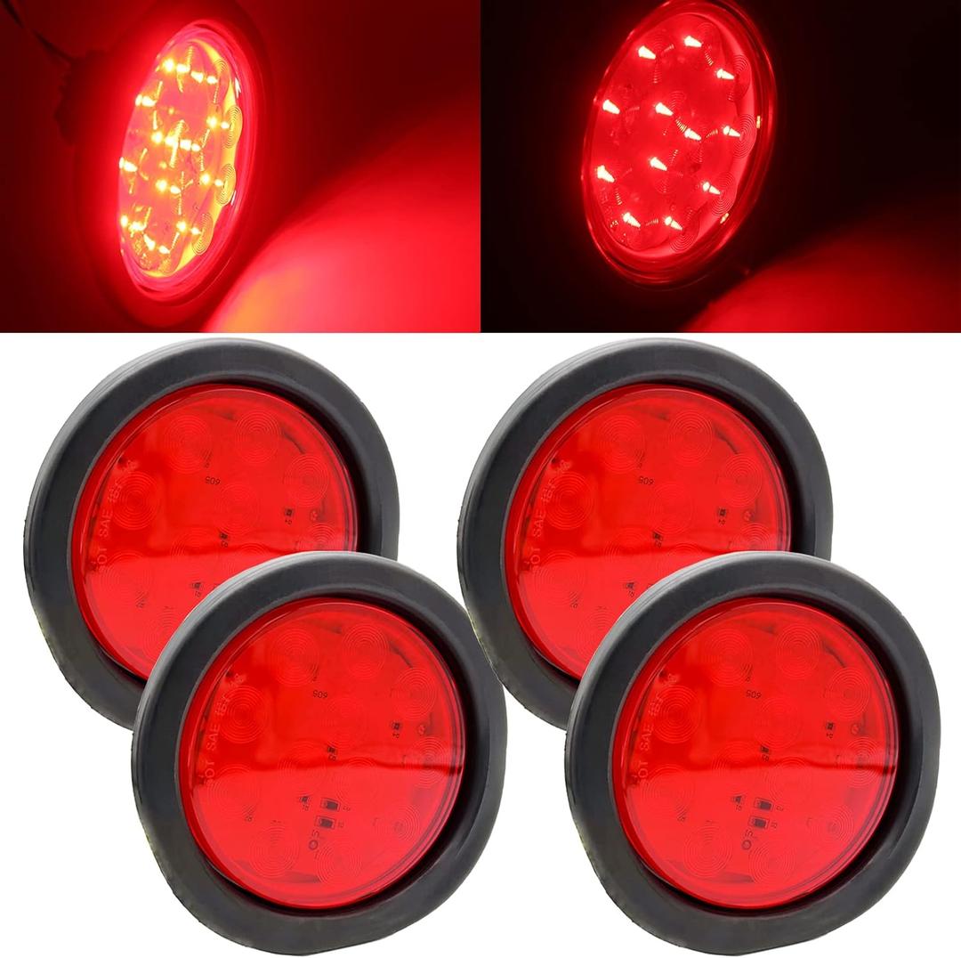 OGATOO 4 PCS Red Round 4 Inch Trailer Tail Lights for Truck with Sealed Flush Mount Grommet Plug Connector, 12 LED 12V IP65 Waterproof Stop Brake Turn Lights for RV Tractor Van Pickup UTV