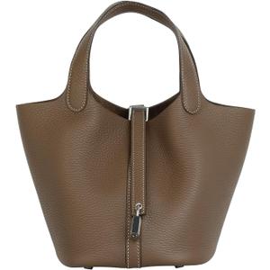 Genuine Leather Bucket Bag for Women Handheld tote bag with metal clasp, bohemian-style market tote bag(Elephant gray-silver)