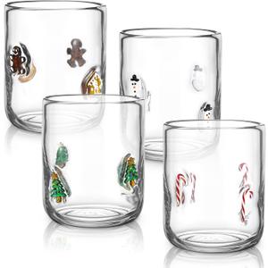 Tessco for you 4 Pcs Christmas Icon Juice Glasses Cup Set - Gingerbread Man, Candy Cane, Snowman & Christmas Tree Stemless Drinking Wine, Water, Coffee Glass Cup for Holiday Party Gift
