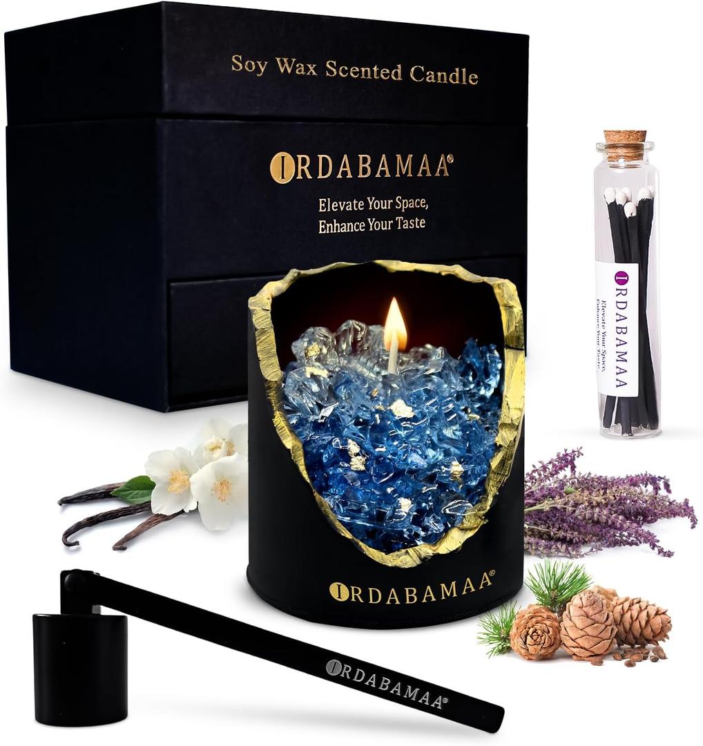 Scented Candles for Home Decor, Handmade Vanilla Soy Candles for Home Scented, Elegant Snuffer and Decorative Matches, Cedar Lavender Aromatherapy, Unique Gift Set for Special Occasions, Blue