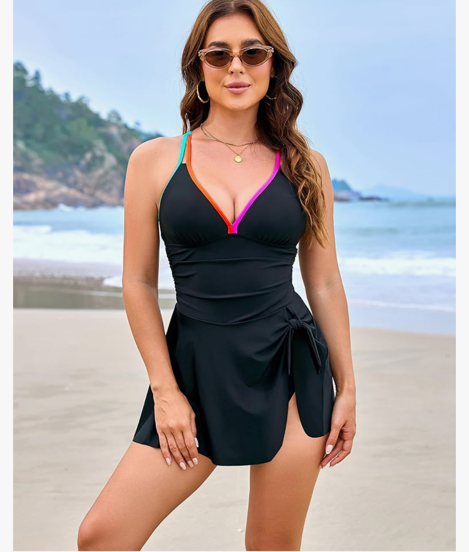 Blooming Jelly Womens One Piece Swim Dress Color Block Tummy Control Swimsuits Tie Knot Crisscross Back Bathing Suit M
