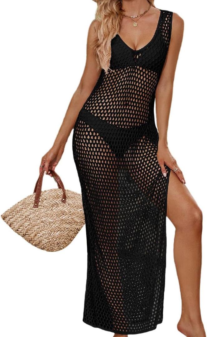 Bsubseach Mesh Bathing Suit Cover Up for Women Swimsuit Coverup Side Split Beach Vacation Outfits Black Medium, Black 