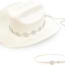 Classic Western Cowboy Hat for Men & Women, Felt Cowgirl Hat with Two Decorative Bands, Wide Brim, All-Season Wear (White)