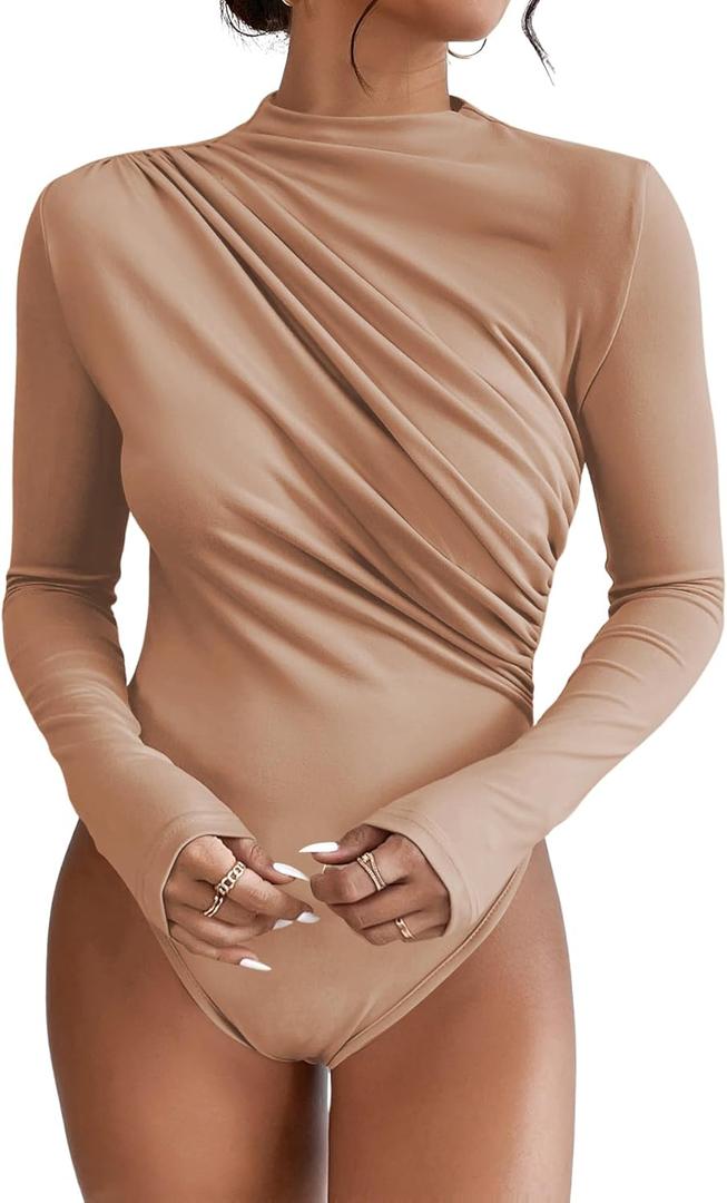 SweatyRocks Women's Bodysuit Mock Neck Casual Ruched Long Sleeve Jumpsuit (Medium, Brown)