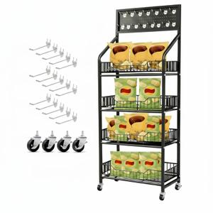DoubleFill 1 Set 4 Tier Retail Display Rack Shelf Cart with Wheels and 15 Hook Heavy-Duty Metal Snack Potato Chip Display Organizer Concession Stand for Supermarket Grocery Store Home Black, 55.12 x 11 x 20 inches