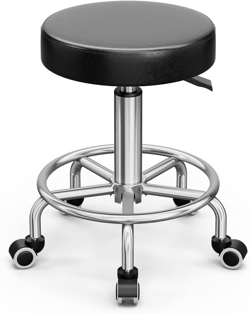 Icoget 360 Swivel Round Rolling Stool Chair, Height Adjustable Salon Shop Stool, Drafting Work SPA Medical Stools Office Chair with Wheels, Black