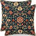 Vintage Floral Velvet Pillow Covers 20x20 Set of 2 Burnt Orange Blue Tapestry Pattern Design Art Flower Botanical Print Decorative Throw Pillowcases Farmhouse Cushion Cases Couch Sofa Bed Decor