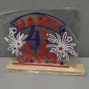Roowest Happy 4th of July Metal Sign Rustic Patriotic Table Sign Americana Table Decor Red White and Blue 250th Anniversary Decor Tiered Tray with Wooden Base for Independence Day Tabletop Mantel