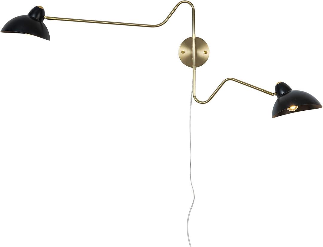 Black and Gold Plug in Wall Sconce, 2-Light Swing Arms Wall Lamp with Plug Cord Big Wall Mount Lighting Fixture for Living Room Bedroom, 26 x 17 x 8.6 inches
