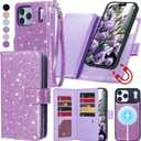 Varikke for iPhone 17 Pro Wallet Case Compatible with Magsafe Detachable Magnetic Flip with RFID Blocking Card Holder, Glitter PU Leather Wrist Strap Phone Case for iPhone 17 Pro 6.3", Light Purple