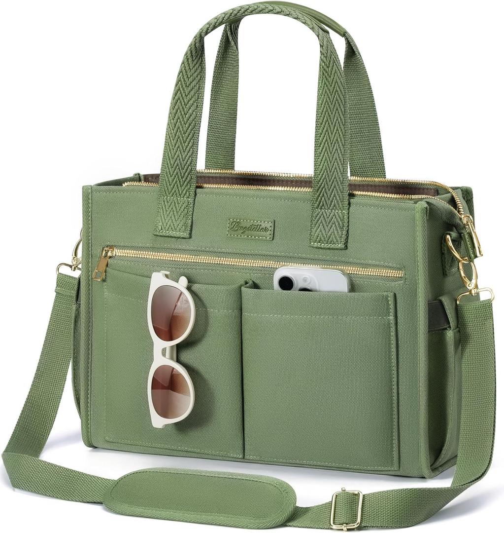 Canvas Tote Bag for Women, 15-Pockets Work Laptop Tote Purse Large Crossbody Nurse Teacher Bible Bag for School Travel Daily | with Strap & Zipper, Multi Compartment, Stand Upright Stably, College Shoulder Bag, Clinical Nursing Bag, Ideal Gift for Women (Medium-14inch, M5.green)