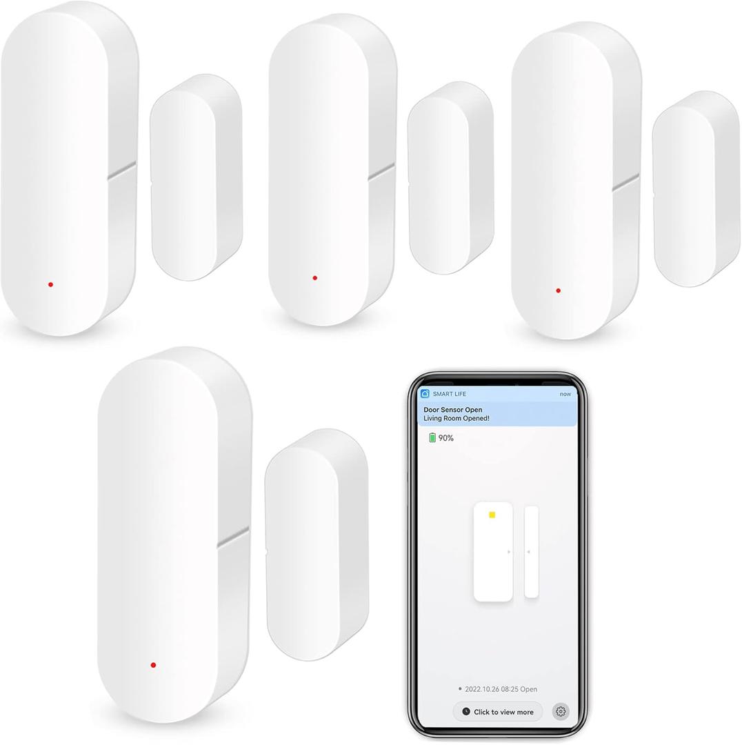 4-Pack Smart Door/Window Sensor: WiFi Alarm, Wireless Alerts, Compatible with Alexa/Google Assistant