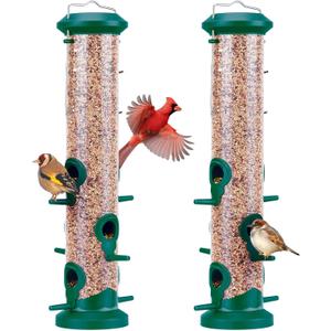 Kingsyard 2 Pack Tube Bird Feeders for Outdoors Hanging, Premium Hard Plastic Bird Feeder with 6 Feeding Ports, Weatherproof & Steel Hanger, Attracting for Wild Birds (Green)