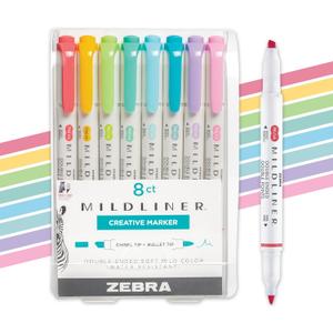 Zebra Pen Mildliner Dual-Tip Highlighter Marker Set, Broad and Fine Tips, No Bleed, Ideal for Bible Highlighting, Journaling, School and Office Supplies, Assorted Soft Hue Ink Colors, 8-Pack (78108)