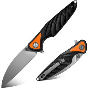 FINTISO Pocket Knife 3.15" Folding Knife Premium 14C28N Blade, Black and Orange G10 Handle Bicolour Design with Liner Lock Pocket Clip for Men Women, Small EDC Knife for Camping, Hunting, Hiking, Survival and Outdoor Activities, Toucans Series