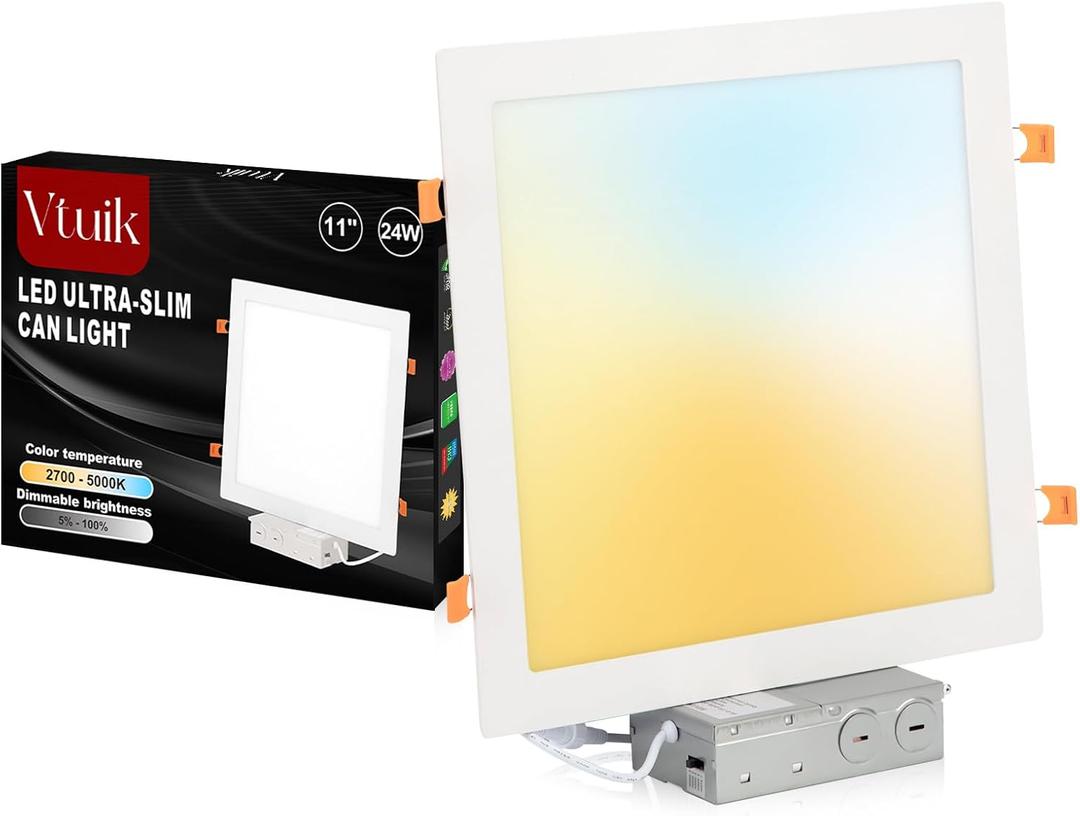 Vtuik 11 Inch Square LED Recessed Ceiling Light 5CCT for Kitchen Retrofit, Ultra Thin Canless Wafer Downlight Damp Rated for Bathroom, 24W Dimmable 1920LM for Living Room ETL FCC