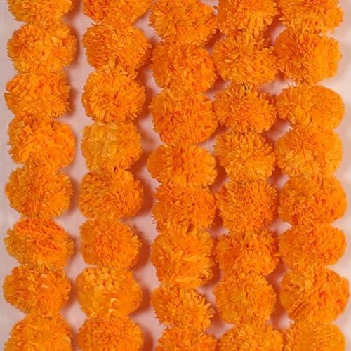 5 PC - 4.5 feet Marigold Garlands Halloween Diwali Pooja Indian/American Wedding Party Mantle Decorations Faux Artificial Floral Strings Christmas Fall Festival Spring Bush Floral Decor - Orange