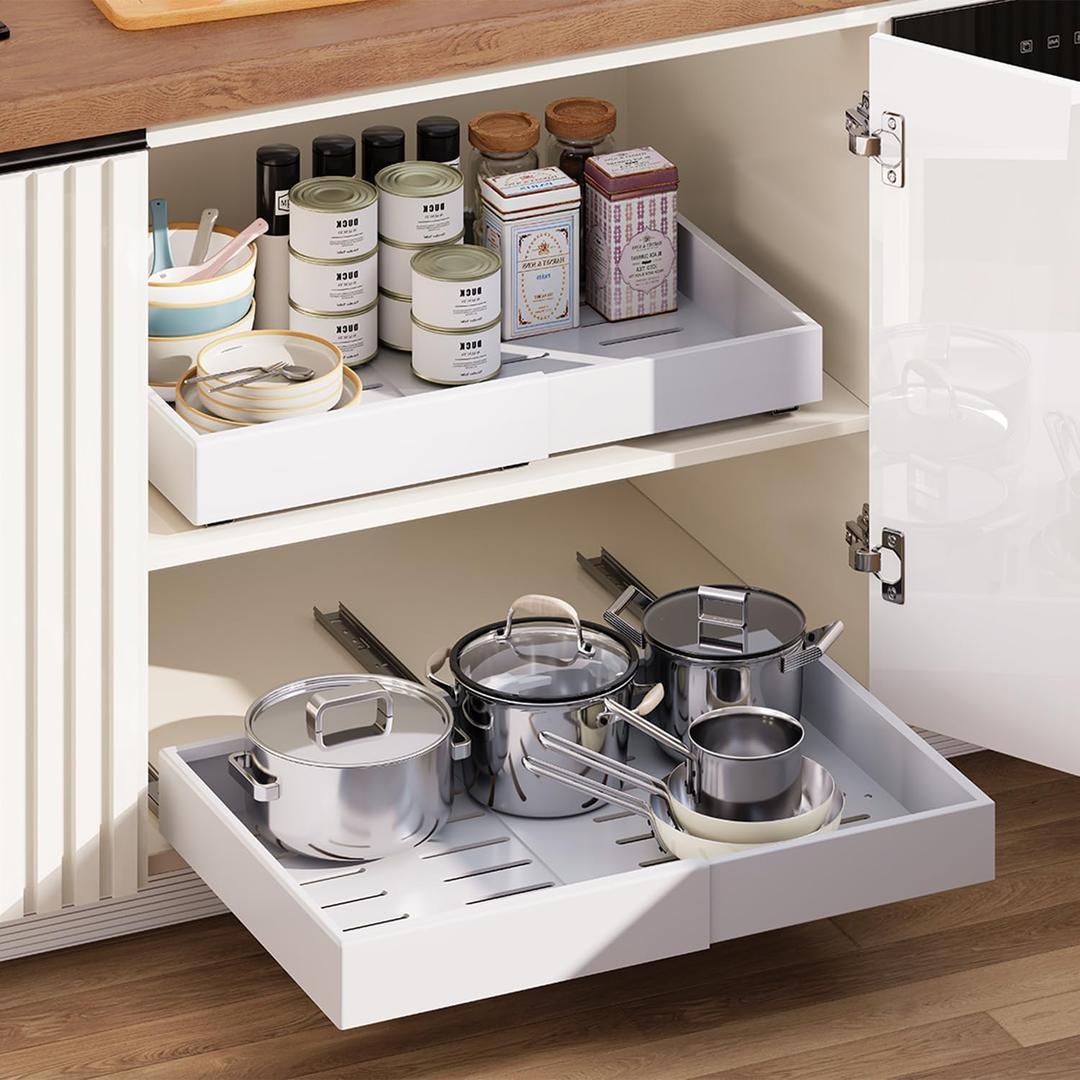 2 Pack Pull out Cabinet Organizer,Extendable (12"-20") Heavy-Duty Pull-Out Drawers Secured with Nano Adhesive Tape, Ideal for Cookware Storage, for Kitchen Base Cabinets (21" Dx12-20" W)