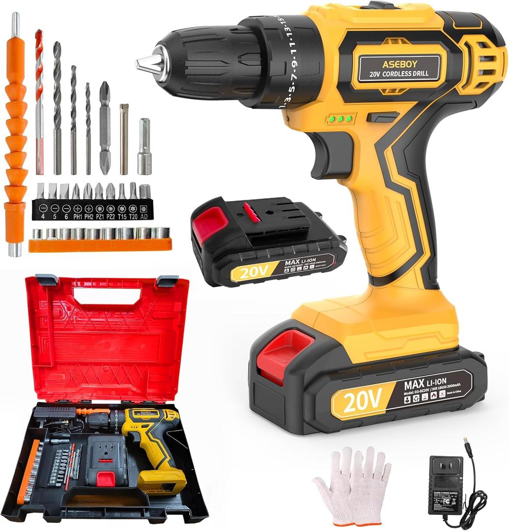 Cordless Drill with Battery and Charger, 20V Electric Power Drill with 3/8" Keyless Chuck, 25+3 Torque Settings & Impact Mode for Drilling, Screwdriving, and Home Improvement(1Battery) (Yellow)