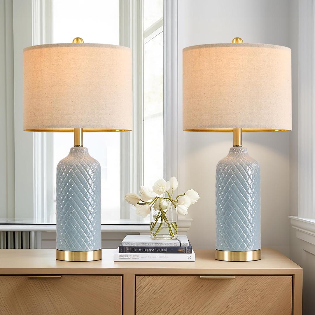 24.25" Modern Ceramic Blue Table Lamps Set of 2 for Living Room Bedroom Bedside Table Lamp for Night Stands Boho Nightstand Lamp Coastal Side End Table Lamps Reading Light Home Office Dorm Deco Gifts