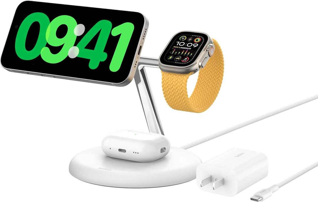Belkin MagSafe-Compatible 3-in-1 Wireless Charger Stand 15W - Qi2-Certified Wireless Charging Station, Fast Charging of iPhone 16, AirPods, & Apple Watch - 36W Included - White