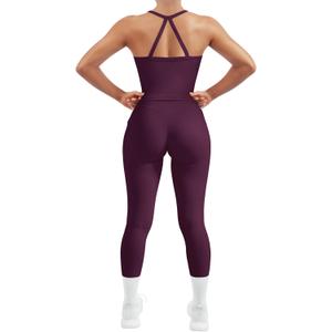 SUUKSESS Women 2 Piece Workout Sets Compression Tummy Control Leggings with Pockets Halter Built in Bra Tank Tops (Large, Violet)