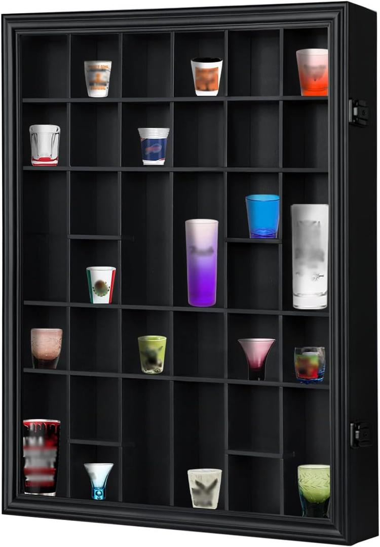 Shot Glass Display Case, 34 Shot Glass Holder Display Case for Wall, Shot Glass Rack Organizer Display Cabinet Lockable with 98% UV Protection Acrylic Door and Removable Shelf, Black