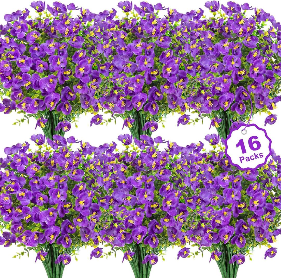 16 Bundles Artificial Flowers for Outdoors Decoration, Fake Pansy Flowers UV Resistant Silk Faux Pansies Spring Plants for Outside Planter Window Box Front Door Yard Home Decor, Purple
