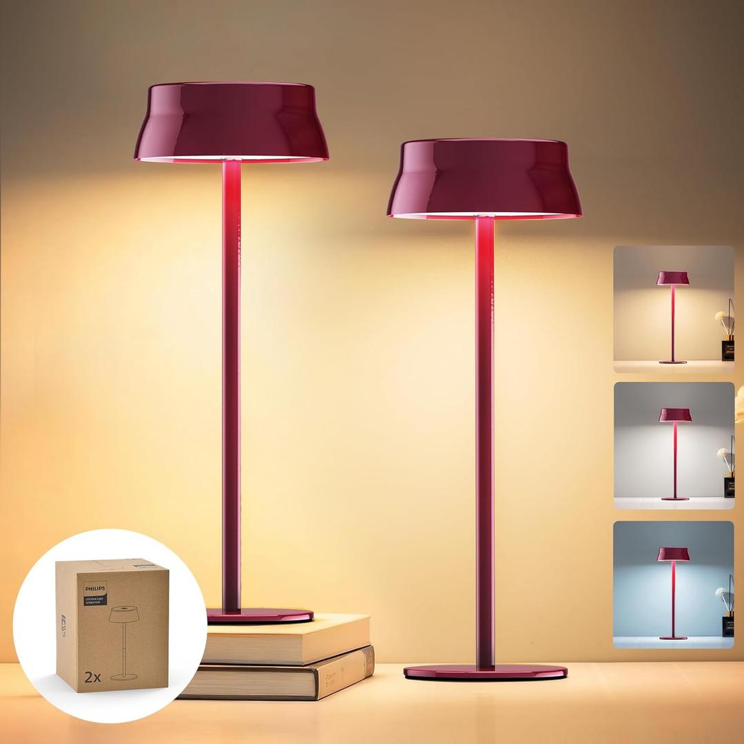 Philips Cordless Table Lamp, Portable Outdoor LED Desk Light,Rechargeable Battery Operated, 2 Adjustable Height, Touch Control & 3 Color Stepless Dimming, Waterproof Lamps for Restaurant/Bedroom (Red)