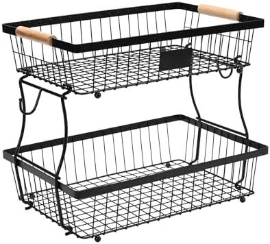 Lawhood-Mijin Fruit Basket Bowl 2 Tier Detachable with 2 Banana Hangers, Fruit Stand Holder for Kitchen Countertop, Metal Wire Vegetable Storage Organizer, for Bread Snack Veggies Produce, Black