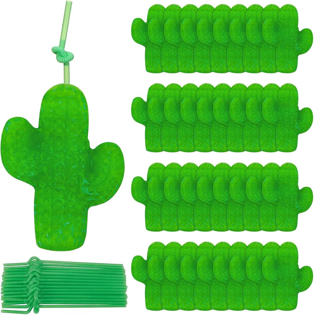 Yungyan 36 Set Cactus Party Cups Drink Pouches with Straws Cinco De Mayo Plastic Cup Zipper Smoothie Bags Reclosable Alcohol Pouches, Leakproof Drink Bags for Juice for Mexican Cactus Party Supplies