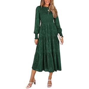PRETTYGARDEN Women's Fall Spring Midi Dress Long Sleeve Floral Smocked Elegant Wedding Guest Long Flowy Dresses with Pockets Size L