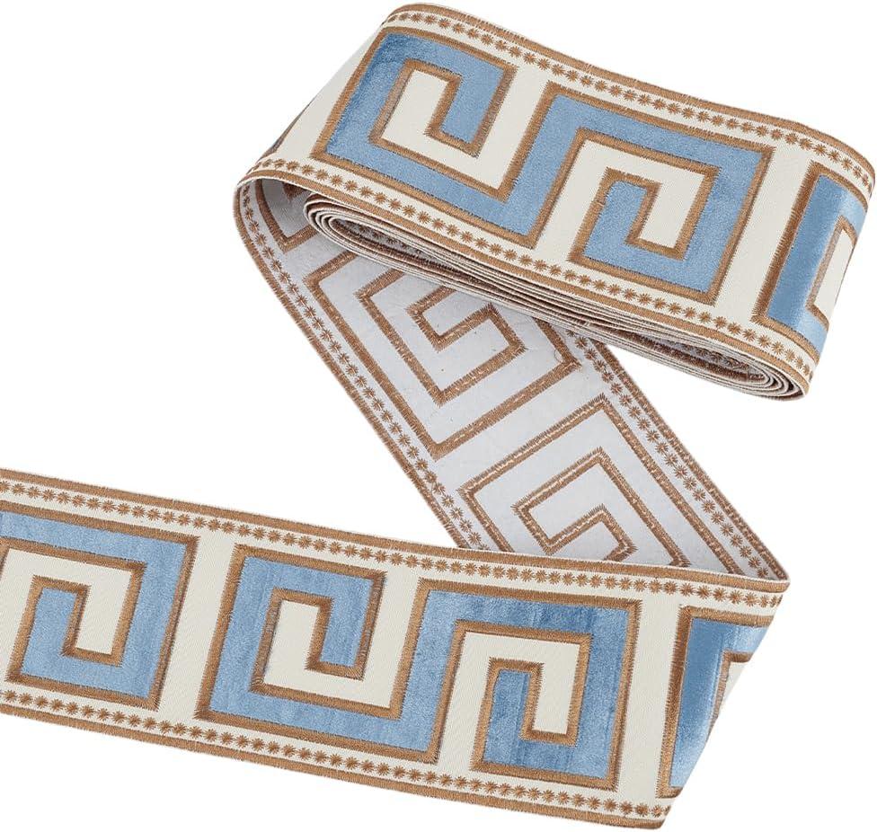 FINGERINSPIRE 3.28 Yards Embroidered Drapery Trim 3-3/4 inch Wide Polyester Jacquard Grid Ribbon Steel Blue Drapery Trim for Curtain Geometric Ribbon for Drapes Curtain Banding Tape Decor