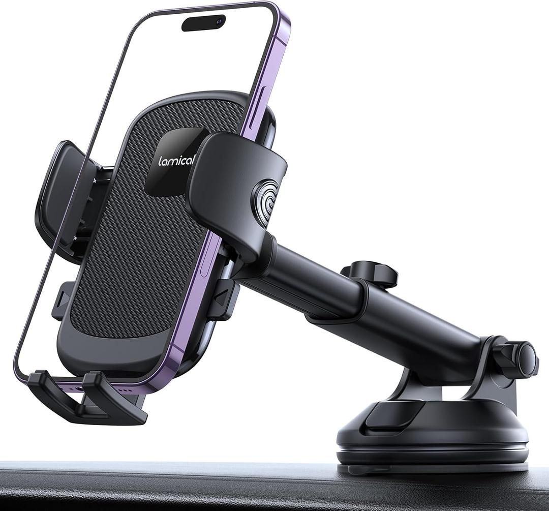 Lamicall Car Phone Mount - [Strongest Military-Grade Suction Cup] 360 Rotation Phone Holders for Your Car Quick Release Adjustable Phone Mount for Car Dashboard for iPhone 17 16 Pro Max Dark Grey