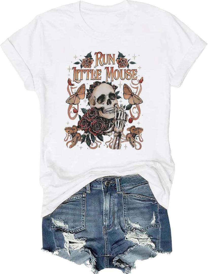 Skeleton Shirt Women Halloween Skeleton T-Shirt Skull Graphic Tees Casual Fall Short Sleeve Funny Casual Athletic Tops (White, S)