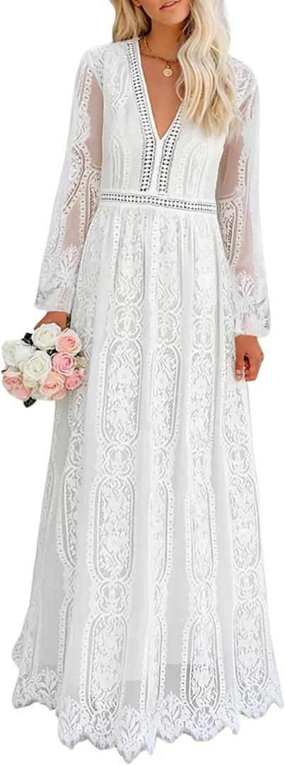 Cercis Womens Off The Shoulder Floral Lace Maxi Wedding Dress Boho Flowy Wedding Guest Formal Long Dresses (White, M)