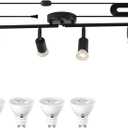 Dimmable 4 Light Black Plug in Track Light White Plug in Ceiling Lighting Fixture with 16.4' Long Cord,4 Way Ceiling Spotlight,Rotatable Wall Mount Light Head,LED dimmable Spot Bulbs Included