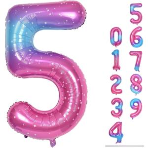 Rainbow Gradient Number 5 Balloon for Girls, 40 Inch Large Blue Pink Purple Number 0-9 Foil Mylar Helium Digital 5 Balloons Set for Women Birthday Anniversary Party Decorations Celebration Supplies