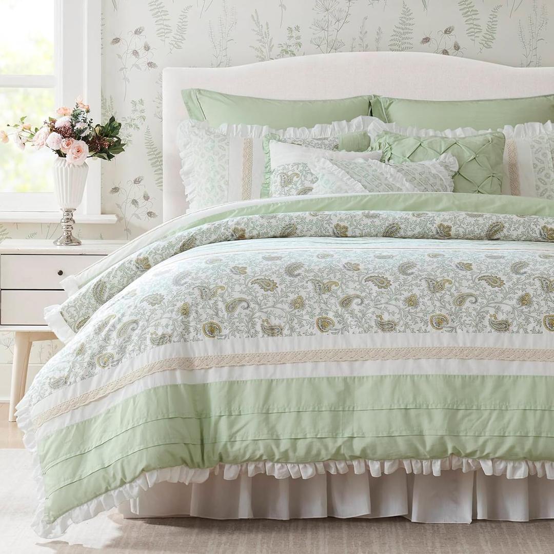 Madison Park King Comforter Set Cottage Cotton Comforter for King Size Bed, All Season, Lightweight King Cotton Bedding Include Shams, Bedskirt & Décor Pillows, Dawn, King Sage Green 9 Piece