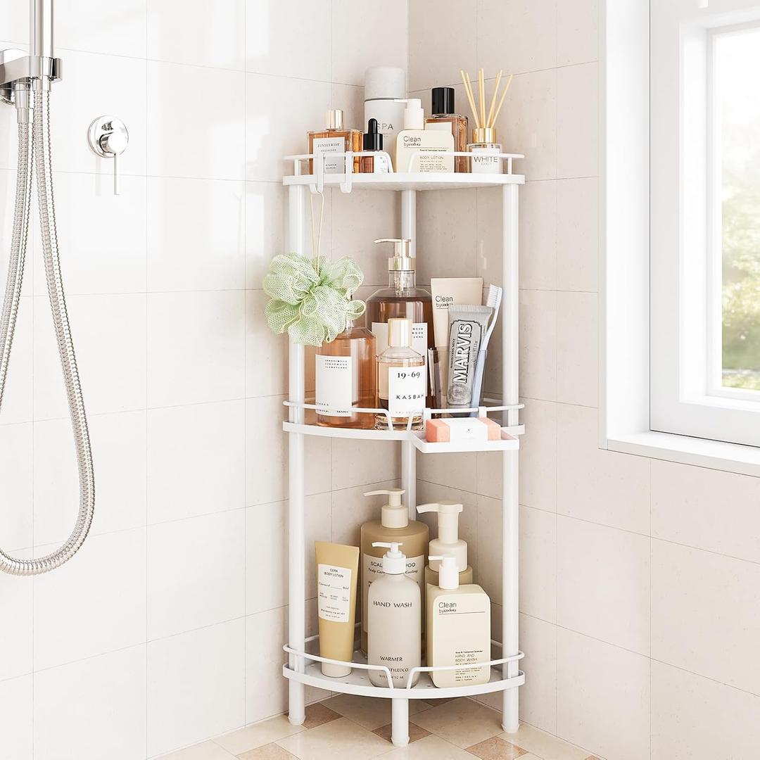 ELYKEN Corner Shower Caddy Standing, 3 Tier Rustproof Metal Shower Organizer with Soap Holder, Floor Shower Corner Shelf Rack Storage Stands with Adjustable Feet & 2 Hooks for Bathroom, White