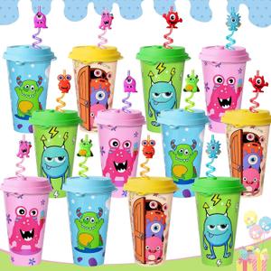 AFZMON 24 Monster Party Decorations Cups with Lids and Crazy Straws for Kids- Monster Plastic Fun Cups Birthday Party Favors Goodie Bag Stuffers for Toddler