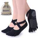 Ozaiic Yoga Socks for Women with Grips, Non-Slip Five Toe Socks for Pilates, Barre, Ballet, Fitness (One Size, 2 Pairs- Black Black)