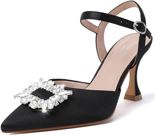 Susanny Women's Closed Toe Rhinstone Wedding Low Heel Slingback Clear Kitten Heels,Adjustable Strap Pointed Toe Bow Pumps High Heeled Prom Dress Shoes Size 7