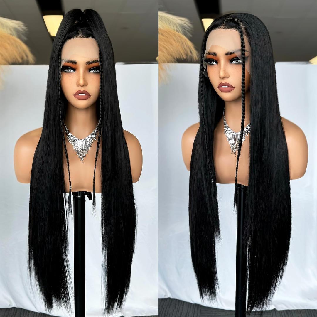 SOKU 13x6 Glueless Lace Front Wigs for Women,32 Inch Long Straight Synthetic Wigs Pre Plucked,Free Part Natural Black Lace Frontal Wigs with Baby Hair,Put On Go Wig Beginner Friendly