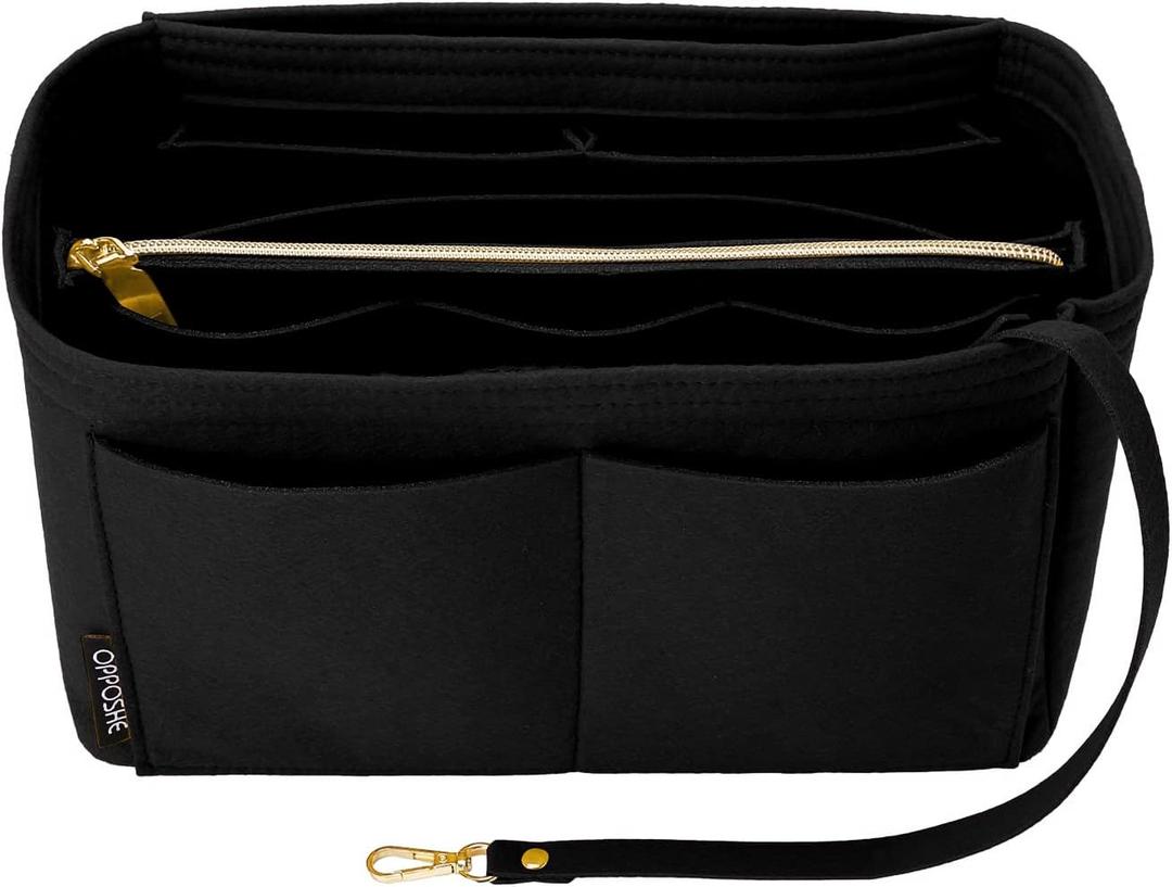 OPPOSHE Purse Organizer Insert for Handbags, Softened Felt Bag Insert Organizer for Tote, Handbag Organizer Compatible with LV, Coach, MK, Kate Spade, Goyard, Longchamp (Black, Medium)