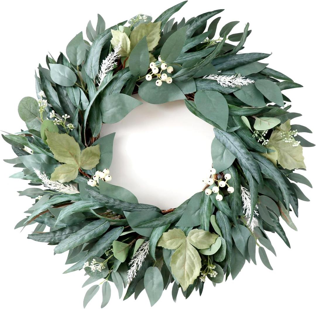 22 Inch Eucalyptus Greenery Wreaths for Front Door, Artificial Outdoor Spring Summer Wreath for Porch, Window, Farmhouse, Home Decor - All Seasons