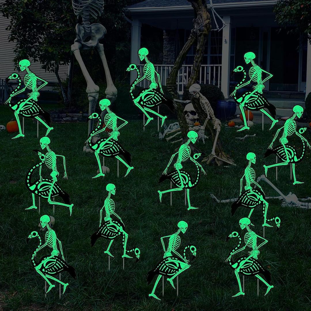 12 Pcs 20 inch Halloween Flamingos Decorations Outdoor Glow in the Dark Halloween Skeleton Flamingo Yard Sign with Stakes Outdoor Skeleton Flamingo Decoration for Yard Garden Lawn Party Supplies, 19.7 inches